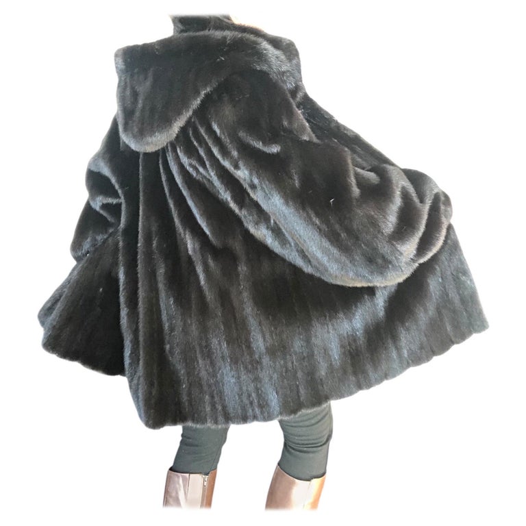 Mint black mink fur coat detachable hood 12/L ~no duties