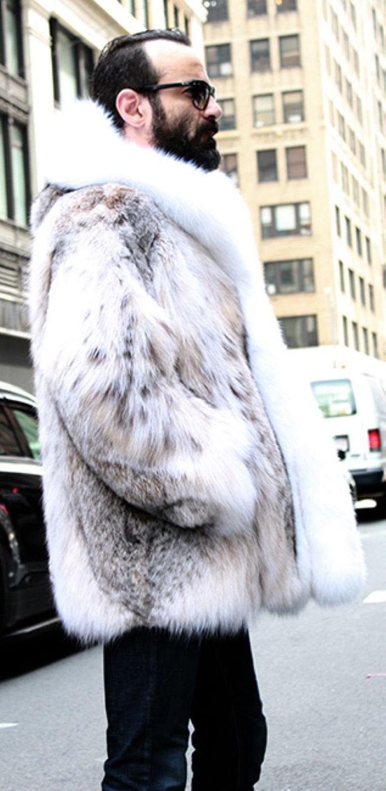 Brand new men's lynx fur coat with fox fur trim size L ~no duties