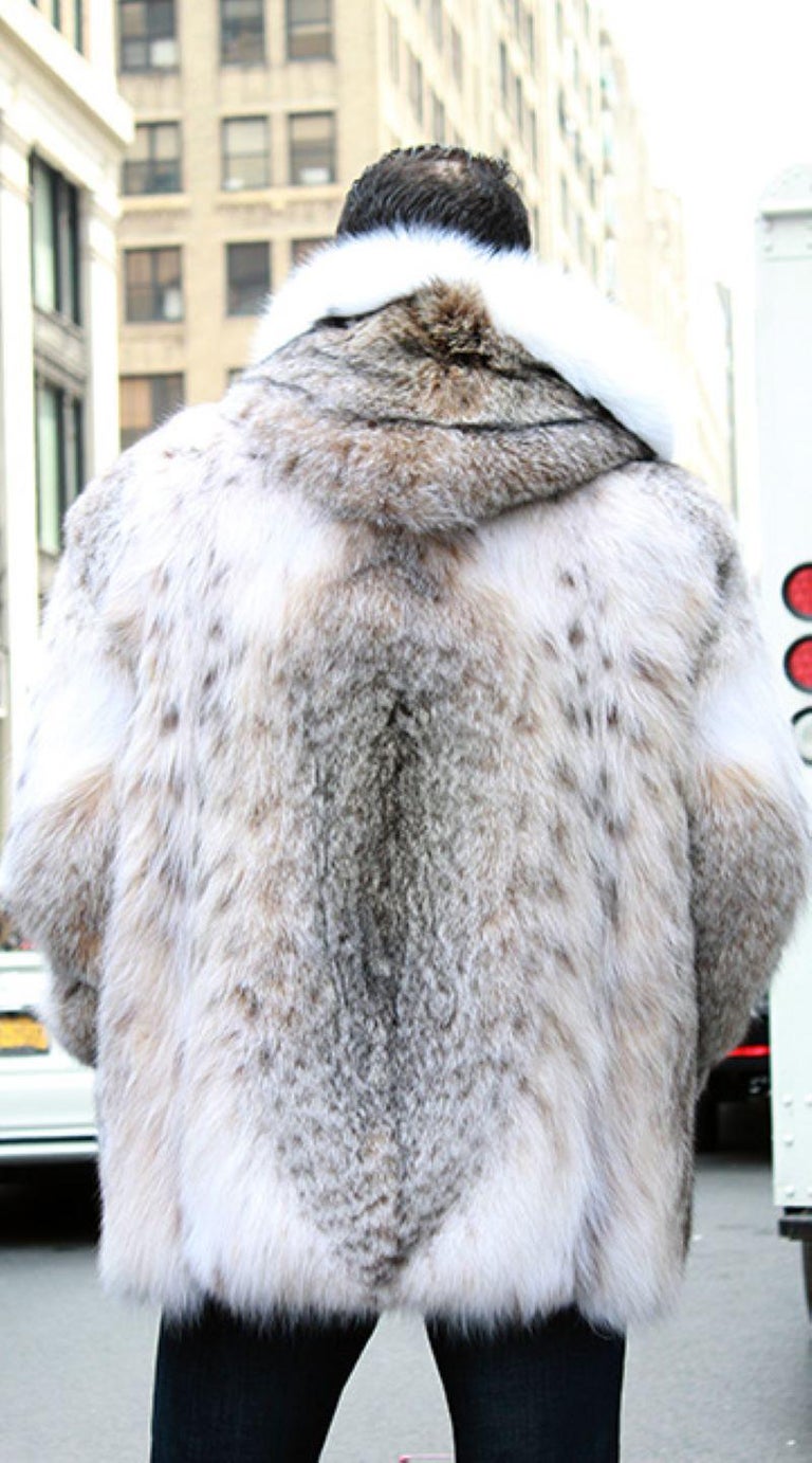 Brand new men's lynx fur coat with fox fur trim size L ~no duties