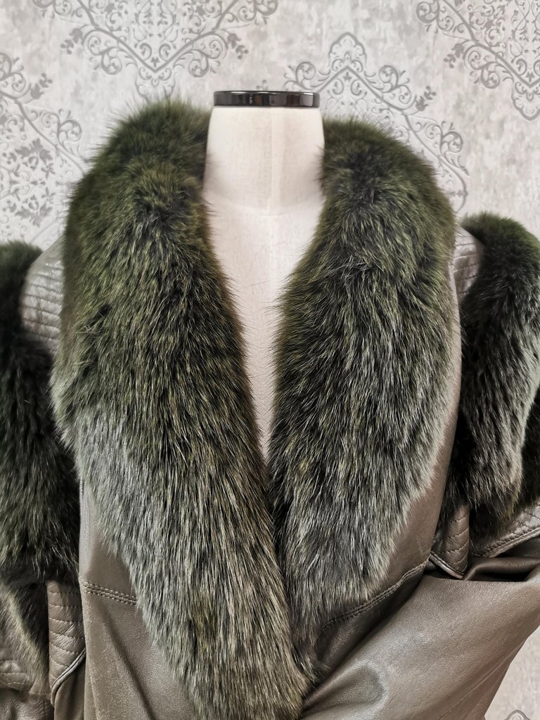 Saga fox leather coat dyed shadow fox fur trim and sleeves size 12 ~no duties