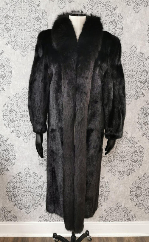 Black mink fur coat with dyed shadow fox fur trim size 8 ~no duties