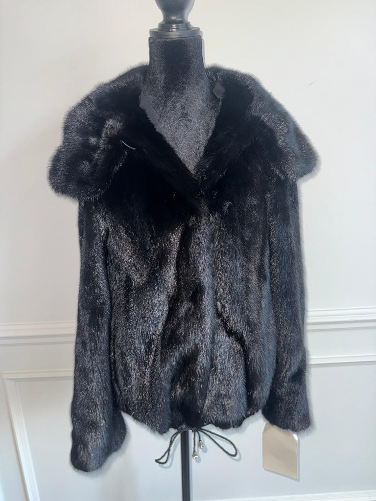 New pitch black Mink Fur jacket coat double fur hood (Size 8 - M) ~no duties