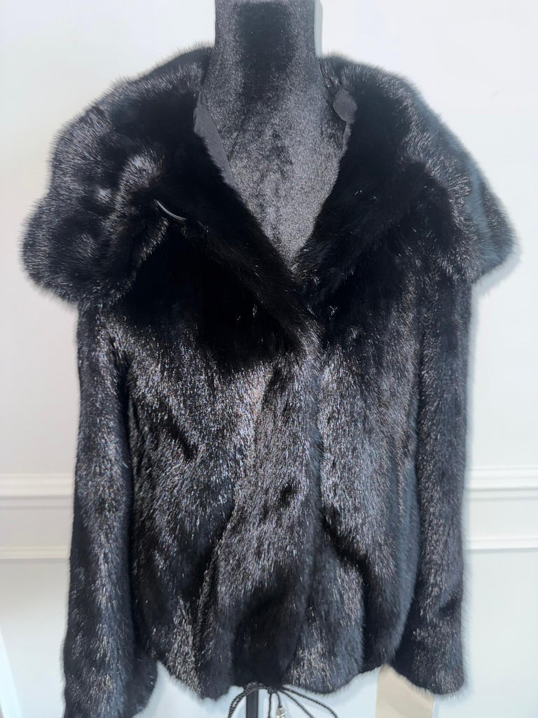 New pitch black Mink Fur jacket coat double fur hood (Size 8 - M) ~no duties