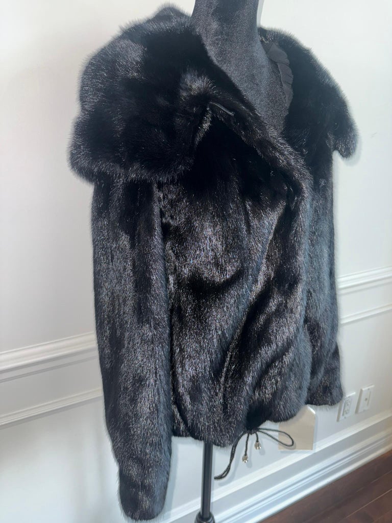 New pitch black Mink Fur jacket coat double fur hood (Size 8 - M) ~no duties