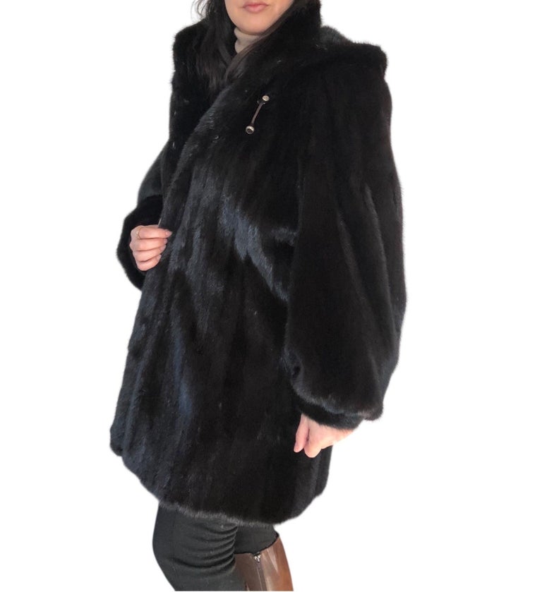 Mint black mink fur coat detachable hood 12/L ~no duties