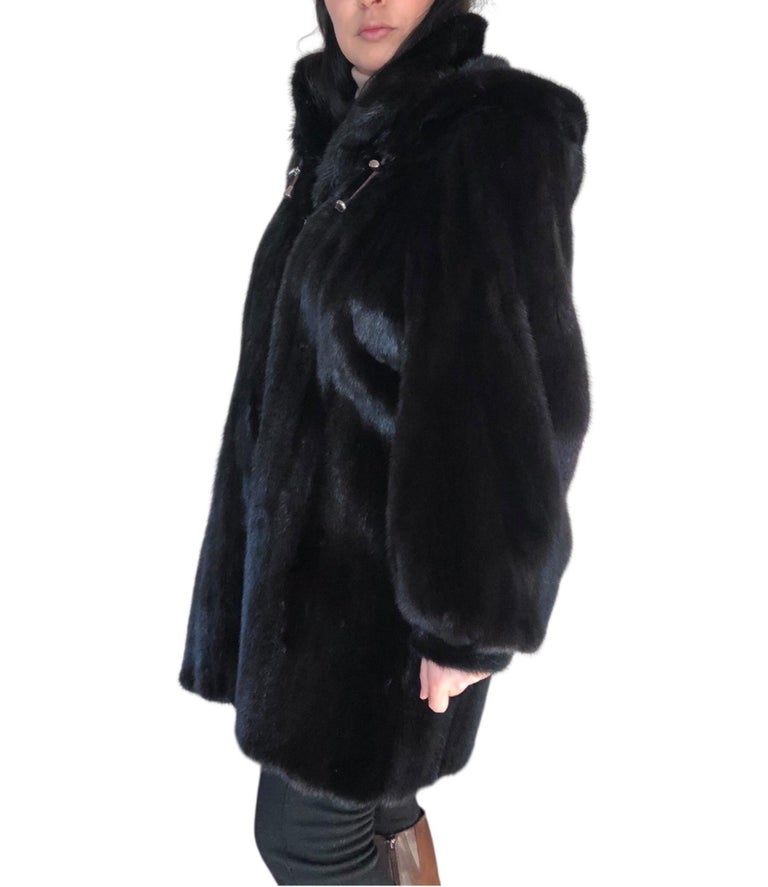 Mint black mink fur coat detachable hood 12/L ~no duties