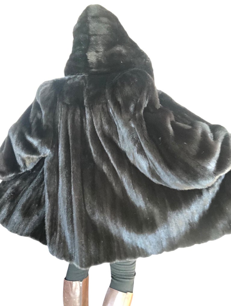 Mint black mink fur coat detachable hood 12/L ~no duties