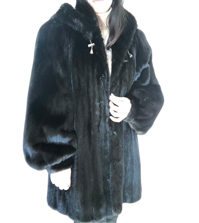 Mint black mink fur coat detachable hood 12/L ~no duties