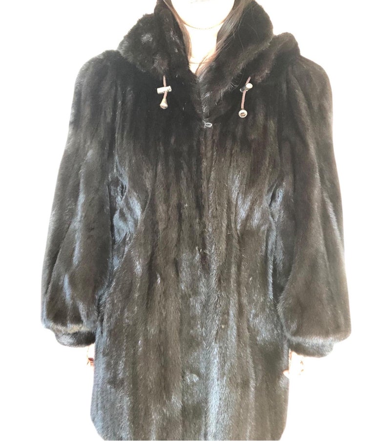 Mint black mink fur coat detachable hood 12/L ~no duties