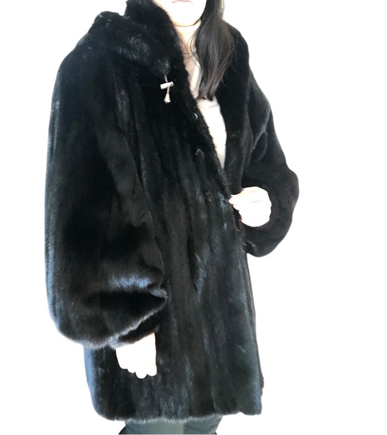 Mint black mink fur coat detachable hood 12/L ~no duties