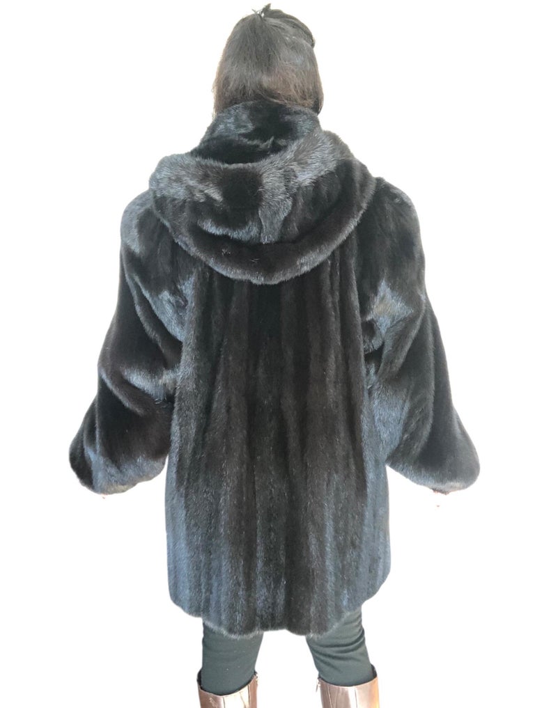 Mint black mink fur coat detachable hood 12/L ~no duties