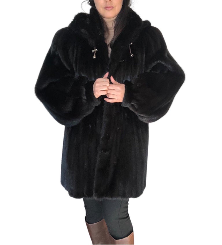 Mint black mink fur coat detachable hood 12/L ~no duties