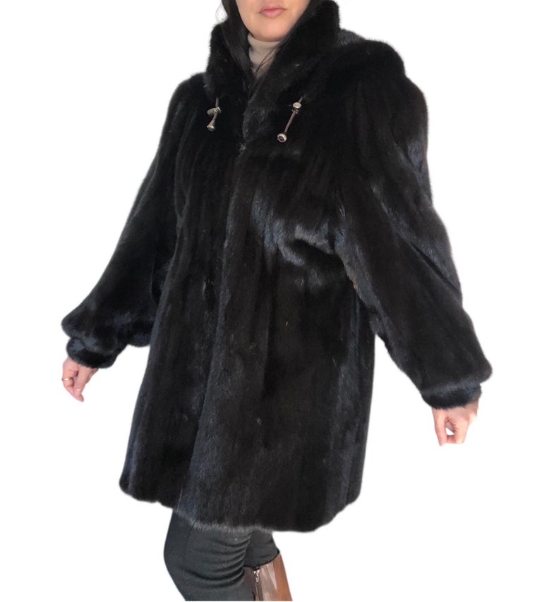 Mint black mink fur coat detachable hood 12/L ~no duties