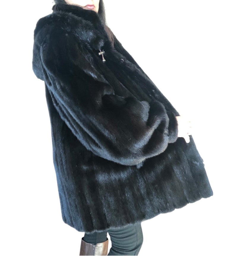 Mint black mink fur coat detachable hood 12/L ~no duties
