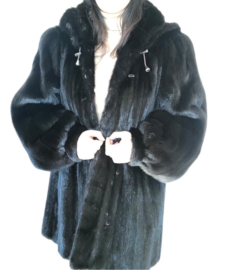 Mint black mink fur coat detachable hood 12/L ~no duties