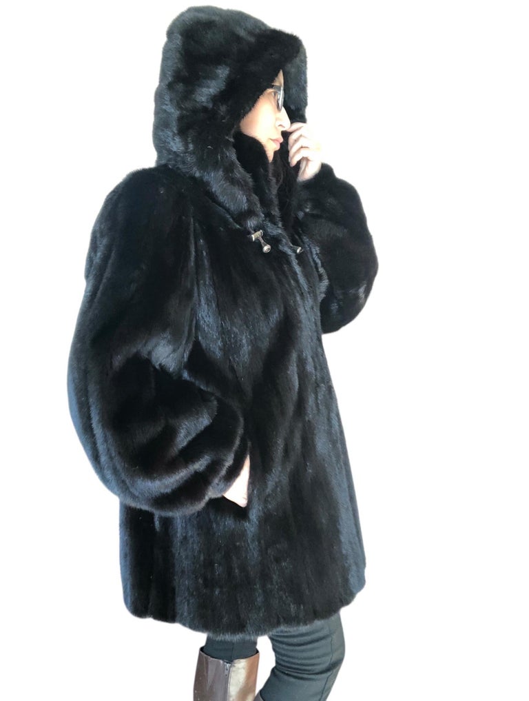 Mint black mink fur coat detachable hood 12/L ~no duties