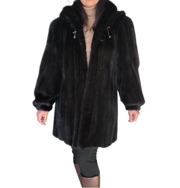 Mint black mink fur coat detachable hood 12/L ~no duties