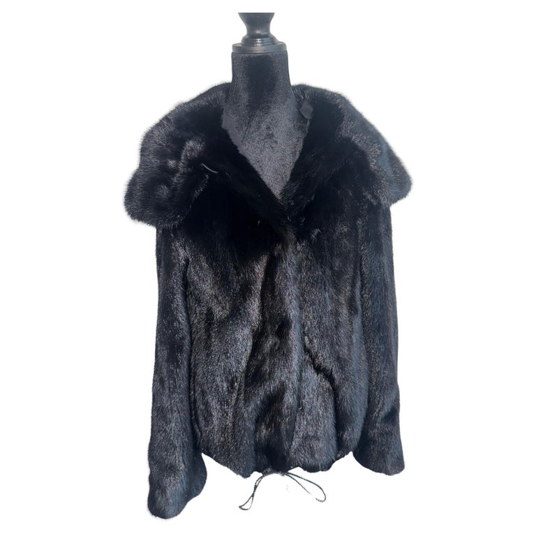 New pitch black Mink Fur jacket coat double fur hood (Size 8 - M) ~no duties